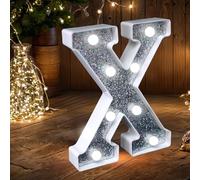 Luci LED a Lettere Luminose, Lettere Illuminate con Glitter Argentato Alimentate a Batteria Luce Notturna per Festa di Compleanno Matrimonio Decorazione Casa Baby Shower-X