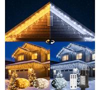 Luci Natale Esterno Cascata LED Caldo Freddo Miscelabili Tenda Luminosa 10M | 11 Modalità, Telecomando con Timer, Impermeabile IP44 Catena per Balcone Ringhiera Giardino, Cavo Prolunga 5M