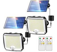 Luci Solari Da Giardino 318Led/5Modes/10M/2 Pezzi Faro Solare da Esterno, Telecomando/8-12 Ore Di Utilizzo/IP65 Faro Led Esterno con Pannello Solare con accumulatore Lampade Solari da Giardino,Garage