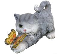 Luci solari da giardino, statua in resina a forma di gatto con farfalla, resistente alle intemperie, decorazione per prato da esterno, accensione automatica al crepuscolo (gattino grigio)