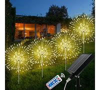 Luci Solari per Giardino, 4 Pezzi 120 LED Lucine da Esterno Energia Solare Fuochi D'artificio IP65 Impermeabile 8 Modalità Decorative Lampade per Vialetto Prato Aiuola Feste, Bianco Caldo
