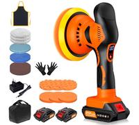 Lucidatrice Auto a Batteria, 8 Velocità Variabili, 2800-6000 giri/min, Lucidatrice Rotorbitale con 2 Batterie da 21 V 2.0 Ah e 21 Pezzi Kit Lucidatura Auto per la Cura dei Dettagli dell'auto