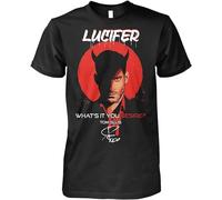 Lucifer What's Your Desire Tom Ellis Satan T-Shirt Gift Men Round Neck Clothing Black 3XL