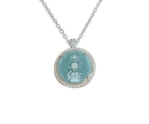 Luck Trader Collana con ciondolo a forma di dea della misericordia in giada e argento Sterling certificato, catenina da 45,7 cm, ciondolo 3,5 cm di diametro.