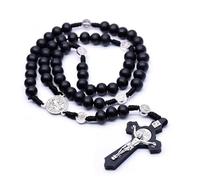 Luck Trader Rosario con perline in legno nero di San Benedetto, collana tradizionale cattolica, croce religiosa Ave Maria