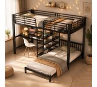 luckdect Letto a castello 90 x 200 cm con struttura in ferro,Scrivania ad angolo,Prese USB e Tipo-C integrate, portaoggetti in scala e testata, nero