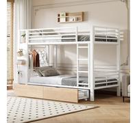 luckdect Letto a castello 90 x 200 cm, struttura in ferro,4 cassetti,Ripiani multipli,Striscia LED,Pannello perforato,Bastone per indumenti,Spazio di stoccaggio,Materasso non incluso,Bianco