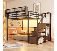 luckdect Letto a soppalco 140 x 200 cm, letto a soppalco a 2 posti in ferro con luci a LED, multifunzionale letto a castello per adulti