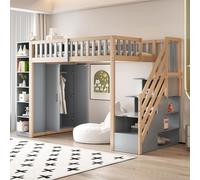 luckdect Letto a soppalco in legno 90 x 200 cm, multifunzionale letto soppalco con ripiani, stoccaggio e grande armadio, scala di sicurezza con scomparti di stoccaggio (materasso non incluso)