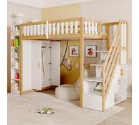 luckdect Letto a soppalco in legno 90 x 200 cm, multifunzionale letto soppalco con ripiani, stoccaggio e grande armadio, scala di sicurezza con scomparti di stoccaggio (materasso non incluso)
