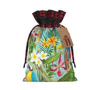Luckily&Day Sacchetto regalo natalizio con coulisse con stampa di piante tropicali e pappagalli, per feste, festival, divertente borsa in tela riutilizzabile, 1 pezzo, Nero, Small