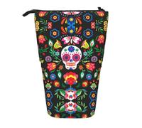 Luckily&Day Sugar Horror Skull and Flowers Print Vertical Retrattile Pouch Novità Stand Bag Pop Up Bag Unico Telescopico Sacchetto per Trucco Ufficio, Nero, One Size, Telescopi