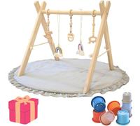 Lucknel® Montessori - Arco da gioco per bambini, in legno, con giocattoli da appendere e tazze da impilamento, palestra per coordinazione occhio-mano, tappetino lavabile, rivestimento rimovibile,