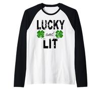 Lucky And Lit St Patricks Shamrock Donne Uomini Irish Clover Maglia con Maniche Raglan