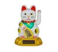 Lucky Cat Solar Powered con pannello solare integrato su supporto dorato per movimento continuo senza batterie (bianco)