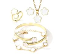 Lucky Five Leaf Clover Set - Gioielli da donna placcati oro 18 K Regali: braccialetto bianco con design a cinque foglie di trifoglio, braccialetto, collana con ciondolo, anello aperto e orecchini