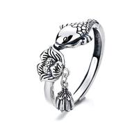 Lucky Koi Fish - Anello in argento Sterling 925, regolabile, con fiore di loto antico, con ciondolo a forma di fiore di loto antico, anello per promessa di fidanzamento, fedi nuziali, gioielli alla