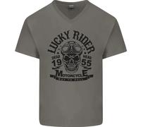 Lucky Rider Dead Head Moto Biker Uomo T-Shirt In Cotone A V