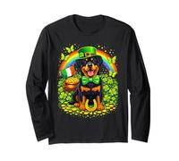 Lucky Rottweiler St Patrick’s Day Rainbow Shamrock Dog Lover Maglia a Manica