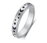 LuckyAmor Anello spinner da donna, per alleviare l'ansia, 4 mm di larghezza, con luna intagliata e stella lunare e cuccioli, per amanti degli animali domestici, in acciaio inossidabile, per alleviare