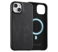LUCKYCOIN Custodia in vera pelle di alta qualità per iPhone 15 Plus, compatibile con MagSafe, custodia antiurto slim fit con pulsanti in metallo, antiscivolo, compatibile con ricarica wireless, nero