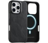 LUCKYCOIN Custodia in vera pelle di alta qualità per iPhone 16 Pro, compatibile con MagSafe, custodia antiurto slim fit con pulsanti in metallo, antiscivolo, compatibile con ricarica wireless, nera