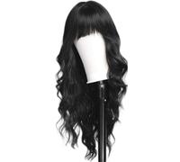 LUCKYHHM Parrucca bionda lunga ondulata per donna, con striscia al centro, senza frangetta, in fibra sintetica riccia, ideale per feste e cosplay. (nero#)