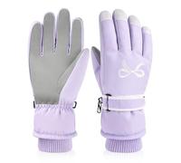 LuckyOpt Guanti da sci da donna, antivento, invernali, per la neve | Foderato in pile, compatibile con touchscreen, elegante fiocco ricamato, adatto per sci, campeggio ed escursioni