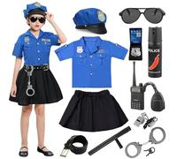 Luckyou Costume Poliziotto Bambina Vestito Poliziotta per Bambini kit Accessori Con Walkie-Talkie Manette Distintivo Polizia Vestito Carnevale Poliziotta Bambina Per Halloween Cosplay-S