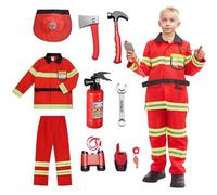 Luckyou Vestito Pompiere Bambino Costume da Pompiere per Bambini con Accessori Costume da Capo dei Pompieri Esercitazioni Antincendio Cosplay Halloween Carnevale,130