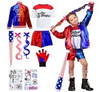 Luclay Cost Quin Costume Bambini Bambina- Clown Cosplay Joker Carnevale Costume Cosplay Outfits Joker Costume con T-Shirt Giacca Pantaloncini e Guanti Costumi per Ragazze Halloween Natale Carnevale
