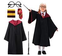Luclay Robe da Mago, Costume per Bambini, 5 Pezzi, Scuola di Magia, Unisex, Halloween, Mago, Bacchetta, Cravatta, Sciarpa, Occhiali, Costume per Cosplay, Giornata Mondiale del Libro