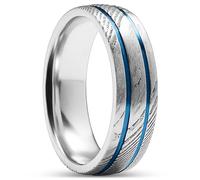 Lucleon by Trendhim Fortis Anello da uomo da 7 mm in acciaio damasco a doppia scanalatura e oro rosa titanio, design danese, gioielli eleganti da uomo per tutti i giorni e occasioni, grigio argento e
