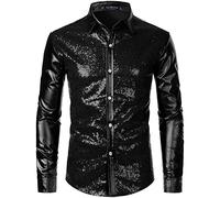 LucMatton Camicie da uomo con paillettes metallizzate lucide anni '70, a maniche lunghe, con bottoni, per Halloween, cosplay, club, rock, hip hop, feste, nero, M, In metallo., M