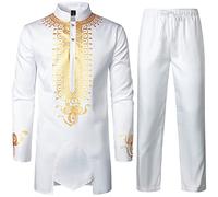 LucMatton Completo da uomo a 2 pezzi a maniche lunghe tradizionale tunica camicia e pantaloni set etnico Dashiki Suit per africani indiani arabi festa di nozze oro oro S, bianco, Small