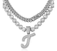 Lucopsny Catena cubana da donna - Collana in argento con iniziale, catena corsiva da 14 mm per gioielli hip hop, 2 sizes, Zinco, Strass
