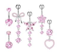 Lucxhcky Piercing per ombelico in acciaio chirurgico, piercing per ombelico da donna, con farfalle, cuore, fiore, confezione da 6, Taglia unica, Acciaio inossidabile, Zirconia cubica