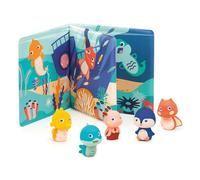 LUDI - Libro di risveglio in plastica per giocare all'ora del bagno - 5 marionette da dita: tema sfondo marino - Facile da pulire - Sviluppa il linguaggio - Da 10 mesi