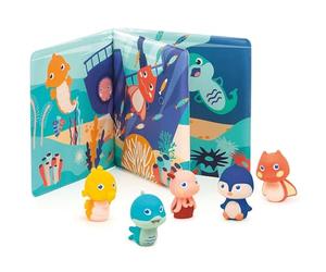 Ludi - Libro di risveglio in plastica per Giocare all'ora del Bagno - 5 Marionette da Dita: Tema Sfondo Marino - Facile da Pulire - Sviluppa Il linguaggio - da 10 Mesi
