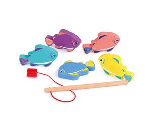 LUDI - Pesca alla Linea Magnetica - Gioco d'Acqua con Canna in Legno e 5 Pesci in Silicone - Sviluppo motorio e coordinamento - a Partire dai 18 Mesi