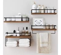 LUDORU Mensole sospese in legno da parete - Mensole da parete rustiche per bagno a 4+1 livelli sopra il WC con cestino portaoggetti in filo metal