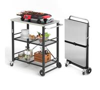 LUE BONA Carrello da Pranzo per BBQ da Esterno con 2 Livelli,Carrello Multiuso Pieghevole con 360°Ruote,Tavolo Laterale,Ganci,Carrello da BBQ Salvaspazio per Cucina,BBQ,47 x 70 x 86 cm,Nero