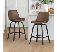 LUE BONA Girevole 360° Sgabelli Cucina Set 2 con Pelle Seduta Imbottita,Telaio in Metallo 66 cm Sgabelli Bar,Sedia da Cucina con Schienale e Poggiapiedi per Cucina,Soggiorno,Bar,Marrone