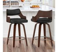 LUE BONA Girevole 360° Sgabelli Cucina Set 2 con Seduta Imbottita e Braccioli,Telaio in Legno 66 cm Sgabelli Bar,Sedia Bar con Schienale e Poggiapiedi per Cucina,Soggiorno,Bar,Nero+Noce Scuro