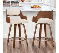 LUE BONA Girevole 360° Sgabelli Cucina Set 2 con Seduta Imbottita e Braccioli,Telaio in Legno 66 cm Sgabelli Bar,Sedia Bar con Schienale e Poggiapiedi per Cucina,Soggiorno,Bar,Avorio-Bianco+Noce
