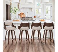 LUE BONA Girevole 360° Sgabelli Cucina Set 4 con Seduta Imbottita e Braccioli,Telaio in Legno 66 cm Sgabelli Bar,Sedia Bar con Schienale e Poggiapiedi per Cucina,Soggiorno,Bar,Beige+Noce Scuro