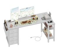 Lufeiya Scrivania per computer a forma di L bianca con cassetti e ripiani, scrivania angolare da 140 cm con presa di corrente, per casa, ufficio, camera da letto, scrivanie per PC adolescenti a forma