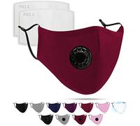 Luftty Behelfs - Paradenti per bocca e naso con filtro, valvola | maschera rossa e diversi colori | maschera per il viso lavabile con passanti regolabili | interno in cotone (valvola, rosso scuro)