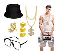 LUHOCIY 7 Pezzi Collana Dollaro Hip-Hop, Hip Hop Set, Anelli Di Dollari, per Costumi e Accessori Moda per Carnevali, Feste a Tema e Qualsiasi Occasione in Cui si Voglia Fare una Dichiarazione Audace