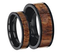 Lui e Lei Titanio Nero Anello di Matrimonio Con Koa Legno Intarsio 6&8mm